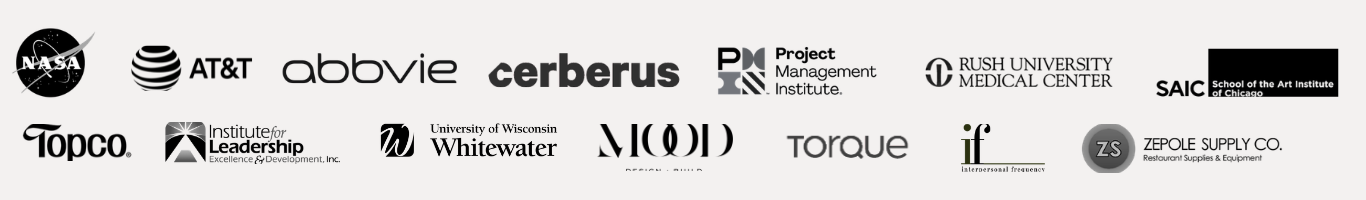 Logos of organizations Molly has worked with, including NASA, AT&T, AbbVie, Cerberus, Project Management Institute, Rush University Medical Center, SAIC, Topco, and others